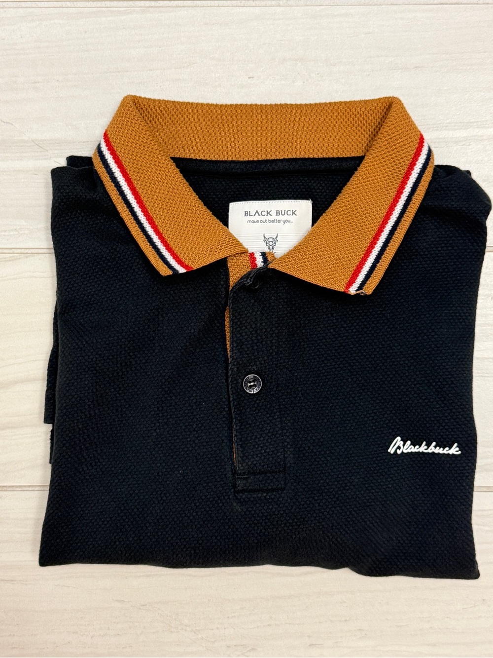Black Buck Cotton Spandex Black Polo Shirt Contrast Striped Collar Size L